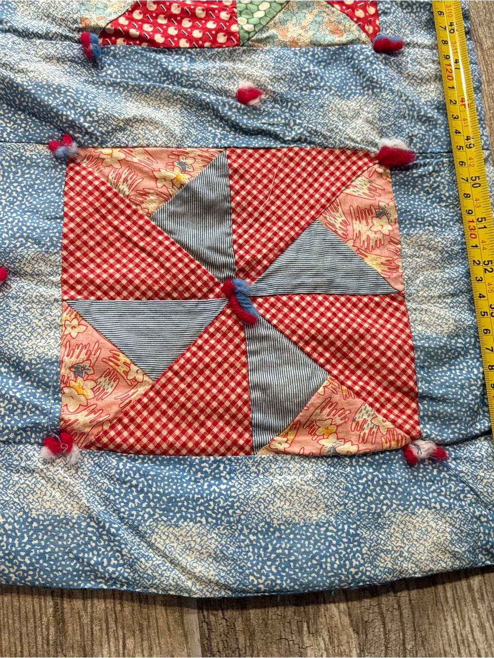 Vintage Handmade Patchwork Pinwheel Quilt 72”X58” Red Blue Floral Cottage 1940s